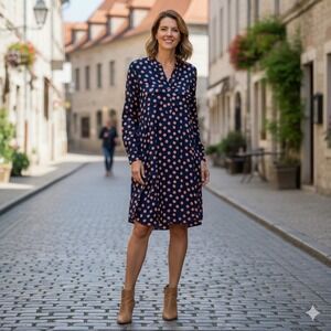 Gap Womens Henly Shirt Dress Medium‎ Orange Polka Dot Navy Blue Long Sleeves